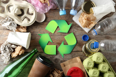 Bild vergrern: Recycling symbol and different garbage on wooden background, top view